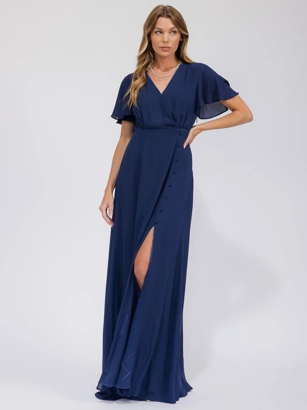 Elegant Navy Wrap Maxi Dress with Flutter Sleeves